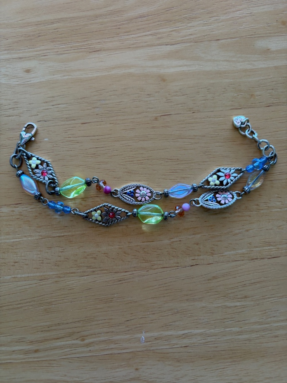 Brighton Silver-Tone Floral Double-Row Bracelet with Green, Blue & Pink Beads